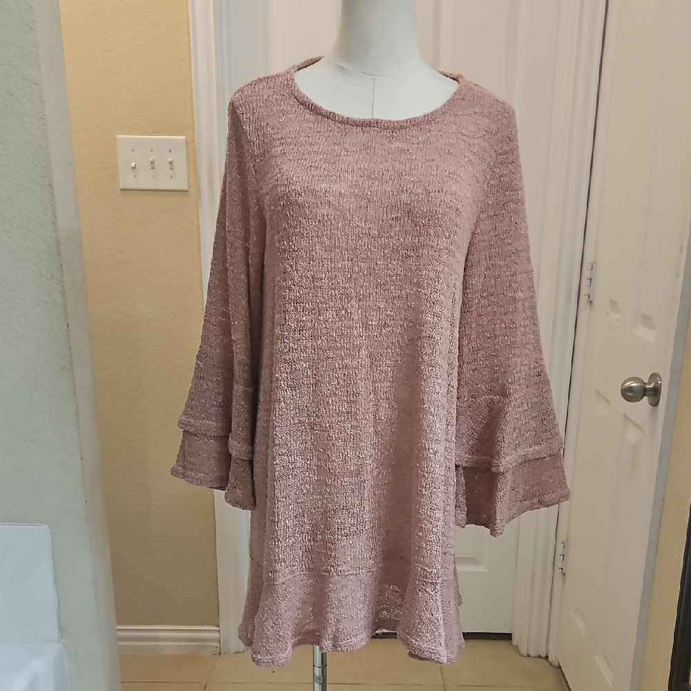 Nally & Millie Dusty Pink Textured Tunic Top Ruffled Hem & Layered Bell Sleeves - Picture 2 of 11